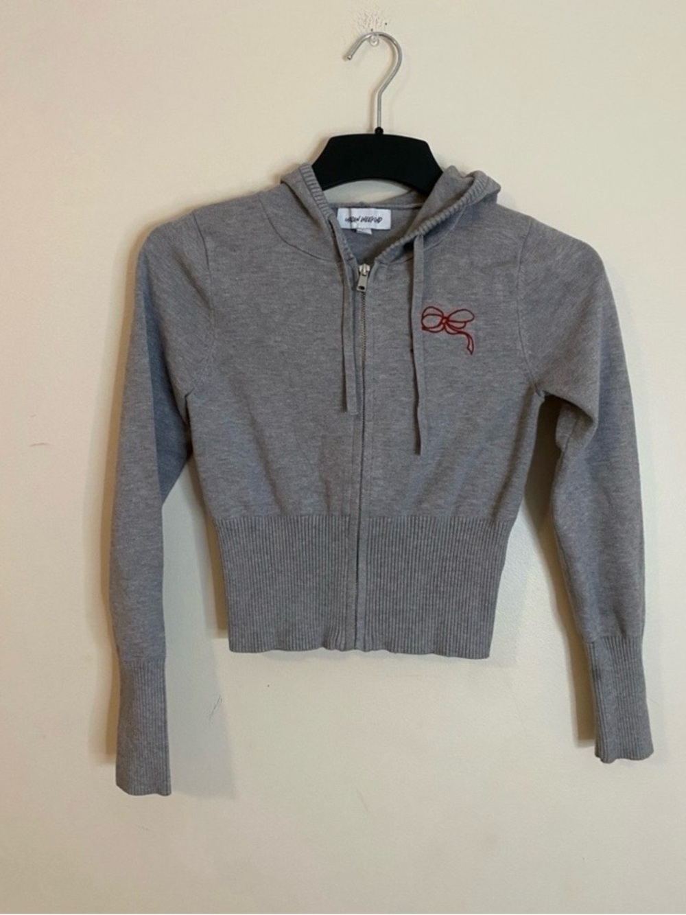 Cherri Women’s Gray Zip Cropped Hoodie with Embroidered Bow